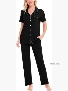 Modal Pajama Set with Short Sleeve Top and Long Pants, Button Down Sleepwear